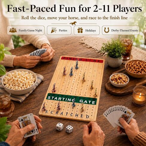 Jyquorp Horse Race Board Game (15.6" x 10") Solid Wood Horse Racing Board Game Set for 2-11 Players with 11 Luxury Metal Horses, 2 Dice & 2 Card Decks, Gifts for Family Party in Saudi Arabia