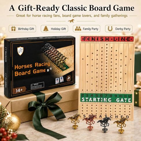 Jyquorp Horse Race Board Game (15.6" x 10") Solid Wood Horse Racing Board Game Set for 2-11 Players with 11 Luxury Metal Horses, 2 Dice & 2 Card Decks, Gifts for Family Party in Saudi Arabia