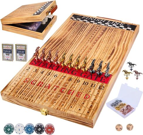 Jyquorp Horse Race Board Game (15.6" x 10") Solid Wood Horse Racing Board Game Set for 2-11 Players with 11 Luxury Metal Horses, 2 Dice & 2 Card Decks, Gifts for Family Party in Saudi Arabia