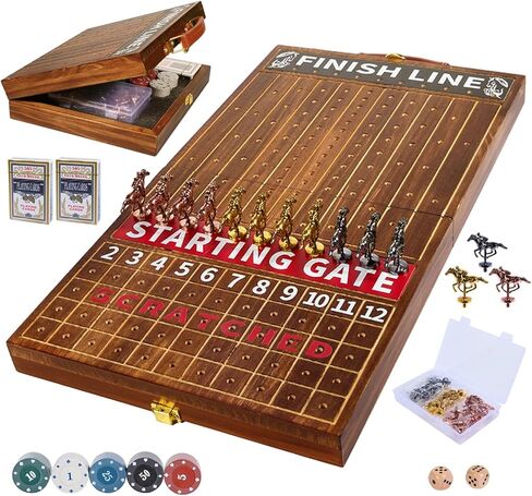 Jyquorp Horse Race Board Game (15.6" x 10") Solid Wood Horse Racing Board Game Set for 2-11 Players with 11 Luxury Metal Horses, 2 Dice & 2 Card Decks, Gifts for Family Party in Saudi Arabia