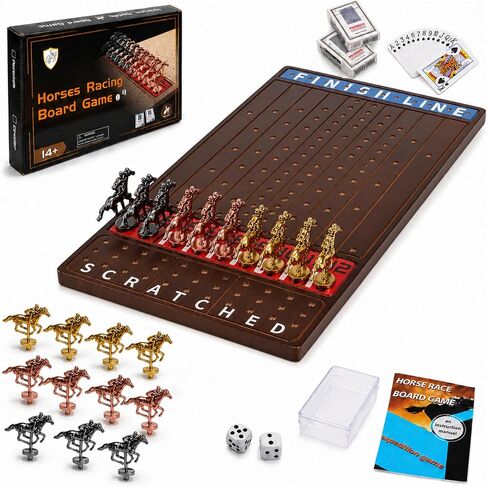 Jyquorp Horse Race Board Game (15.6" x 10") Solid Wood Horse Racing Board Game Set for 2-11 Players with 11 Luxury Metal Horses, 2 Dice & 2 Card Decks, Gifts for Family Party in Saudi Arabia