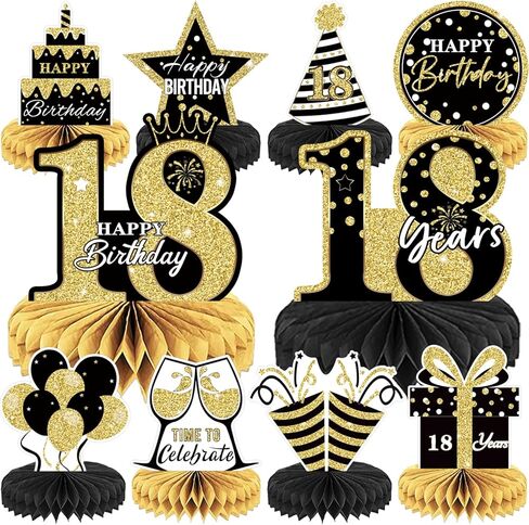 12Pcs 18th Birthday Honeycomb Centerpieces, Black Gold Happy 18th Birthday Table Decorations, 18th Birthday Party Supplies for Boys Girls 18th Birthday Party Favors in Kuwait