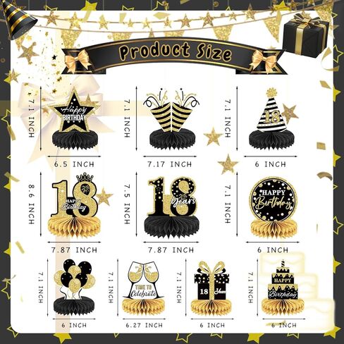 12Pcs 18th Birthday Honeycomb Centerpieces, Black Gold Happy 18th Birthday Table Decorations, 18th Birthday Party Supplies for Boys Girls 18th Birthday Party Favors in Kuwait
