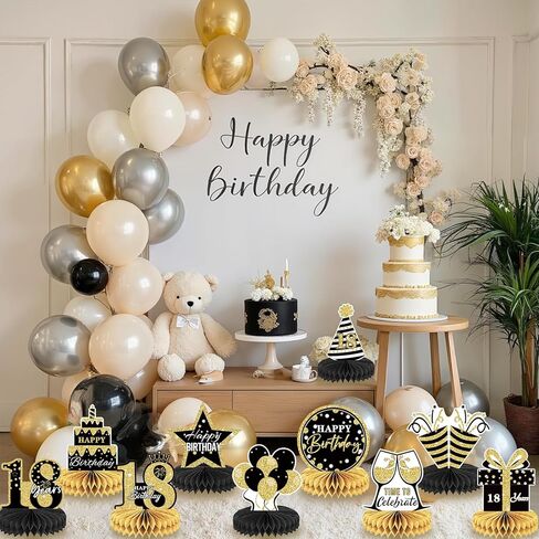 12Pcs 18th Birthday Honeycomb Centerpieces, Black Gold Happy 18th Birthday Table Decorations, 18th Birthday Party Supplies for Boys Girls 18th Birthday Party Favors in Kuwait