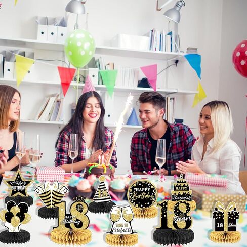 12Pcs 18th Birthday Honeycomb Centerpieces, Black Gold Happy 18th Birthday Table Decorations, 18th Birthday Party Supplies for Boys Girls 18th Birthday Party Favors in Kuwait