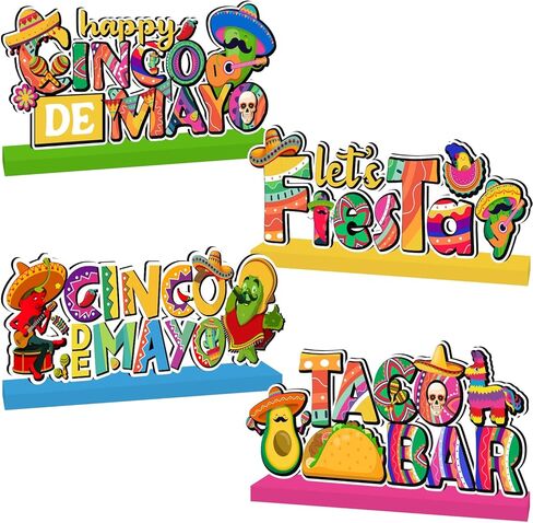 4Pcs Cinco De Mayo Decorations Wooden Table Centerpieces Happy Cinco De Mayo Party Table Decorations Taco Bar 5 De Mayo Tabletop Tiered Tray Decor for Mexican Fiesta Party Decor Supplies in Saudi Arabia