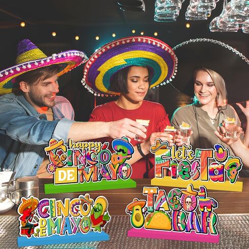 4Pcs Cinco De Mayo Decorations Wooden Table Centerpieces Happy Cinco De Mayo Party Table Decorations Taco Bar 5 De Mayo Tabletop Tiered Tray Decor for Mexican Fiesta Party Decor Supplies in Saudi Arabia