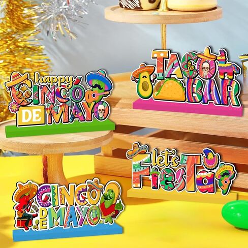 4Pcs Cinco De Mayo Decorations Wooden Table Centerpieces Happy Cinco De Mayo Party Table Decorations Taco Bar 5 De Mayo Tabletop Tiered Tray Decor for Mexican Fiesta Party Decor Supplies in Saudi Arabia
