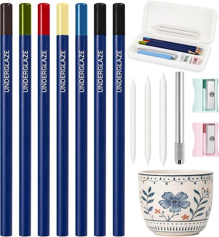 gisgfim 14Pcs Underglaze Pencil Set 7Pcs Ceramic Glaze Pencils Multicolor Underglaze Pottery Pencils Include Pen Case, Blending Stumps, Pencil Extenders and Sharpener Ceramic Tools for Art Creation in Kuwait