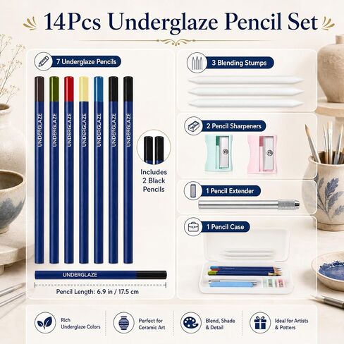 gisgfim 14Pcs Underglaze Pencil Set 7Pcs Ceramic Glaze Pencils Multicolor Underglaze Pottery Pencils Include Pen Case, Blending Stumps, Pencil Extenders and Sharpener Ceramic Tools for Art Creation in Kuwait