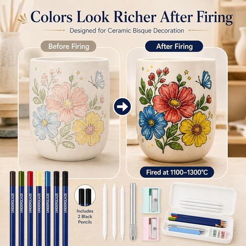 gisgfim 14Pcs Underglaze Pencil Set 7Pcs Ceramic Glaze Pencils Multicolor Underglaze Pottery Pencils Include Pen Case, Blending Stumps, Pencil Extenders and Sharpener Ceramic Tools for Art Creation in Kuwait
