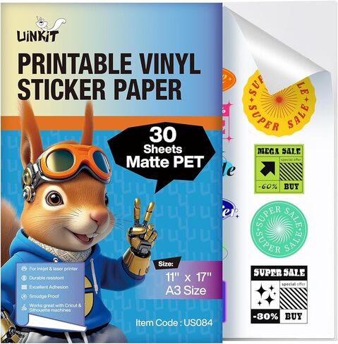 Uinkit 30 Sheets Premium Matte Printable Vinyl Sticker Paper Durability Adhesive Paper 11 x 17, in Saudi Arabia