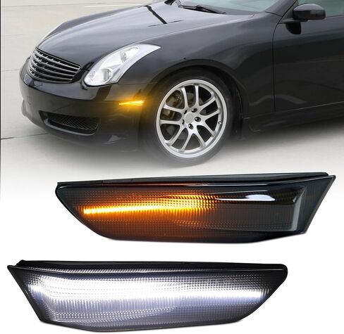 مصابيح LED للعلامات الجانبية ذات العدسات المدخنة باللون الأبيض لسيارة Infiniti G35 Coupe Skyline V35 2 Door 2003-2007، أضواء الجري النهارية في زاوية المصد الأمامي in Kuwait