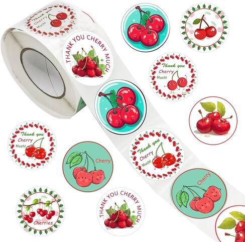 500PCS Cherry Party Roll Stickers, Fruit Birthday Party Favors Decorations Supplies Red Cherries Sticker Cute Labels in Saudi Arabia