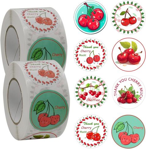 500PCS Cherry Party Roll Stickers, Fruit Birthday Party Favors Decorations Supplies Red Cherries Sticker Cute Labels in Saudi Arabia