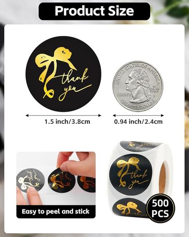 500pcs Gold Thank You Stickers, 1.5 Inch Bow Thank You Stickers, Self-Adhesive Thank You Sticker for Small Business Packaging Envelopes Wedding Gift Wraps (Black) in Saudi Arabia