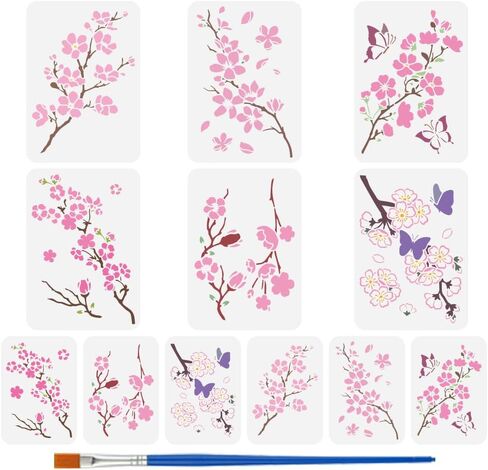 FINGERINSPIRE 12 قطعة استنسل فرع أزهار الكرز مقاس 8.3x11.7/5.5x7.9 بوصة قالب زهرة الكرز زهرة وبتلات الفراشات استنسل نمط مع فرشاة للحرف اليدوية اليدوية ديكور المنزل in Kuwait