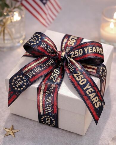 25 Yards Patriotic Ribbon 1 Inch - America 250th Anniversary Non-Wired Satin Ribbon with We The People Print, Soft Fabric for Hair Bows, Gift Wrapping, Veterans Day & July 4th Party Supplies in Saudi Arabia