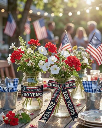 25 Yards Patriotic Ribbon 1 Inch - America 250th Anniversary Non-Wired Satin Ribbon with We The People Print, Soft Fabric for Hair Bows, Gift Wrapping, Veterans Day & July 4th Party Supplies in Saudi Arabia