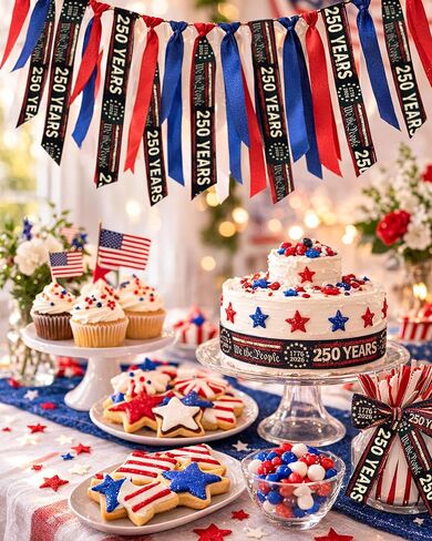 25 Yards Patriotic Ribbon 1 Inch - America 250th Anniversary Non-Wired Satin Ribbon with We The People Print, Soft Fabric for Hair Bows, Gift Wrapping, Veterans Day & July 4th Party Supplies in Saudi Arabia