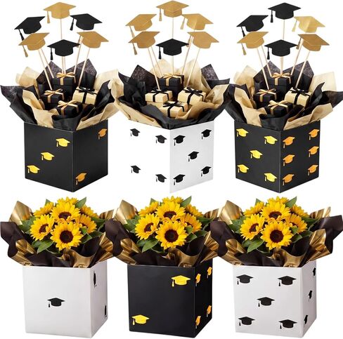 Tinlade 6 Pcs Graduation Box Table Centerpieces 7" Paper Flower Boxes Black Gift Box Table Decor Class of 2026 Congrats Grad Party Supplies for High School College Grad Celebration Party Decoration in Kuwait
