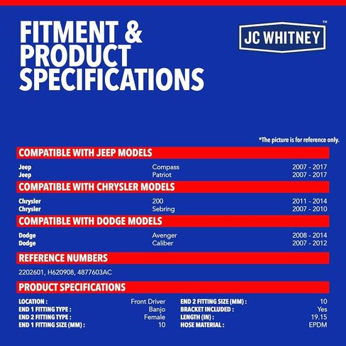 JC Whitney JFBAJCWBHH00107 Front Left Brake Hydraulic Hose - Compatible with Jeep Compass 07-17, Patriot 07-17, Chrysler 200 11-14, Sebring 07-10, Dodge Avenger 08-14, Caliber 07-12 in Kuwait
