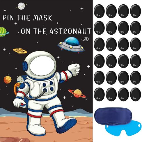 Hxezoc Pin The Mask On The Astronaut Game With 24 Pcs Mask Stickers, Large Astronaut Party Games Poster for Kids Solar System Outer Space Birthday Party School Classroom Carnival Party Supplies in Kuwait