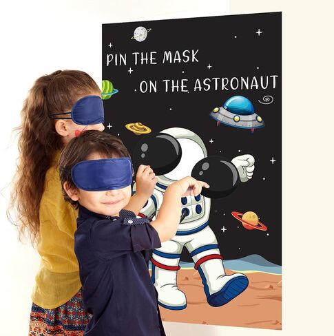 Hxezoc Pin The Mask On The Astronaut Game With 24 Pcs Mask Stickers, Large Astronaut Party Games Poster for Kids Solar System Outer Space Birthday Party School Classroom Carnival Party Supplies in Kuwait