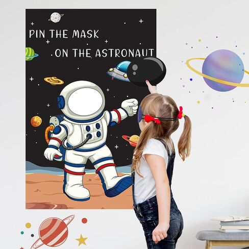 Hxezoc Pin The Mask On The Astronaut Game With 24 Pcs Mask Stickers, Large Astronaut Party Games Poster for Kids Solar System Outer Space Birthday Party School Classroom Carnival Party Supplies in Kuwait