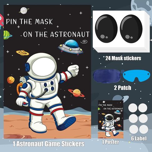 Hxezoc Pin The Mask On The Astronaut Game With 24 Pcs Mask Stickers, Large Astronaut Party Games Poster for Kids Solar System Outer Space Birthday Party School Classroom Carnival Party Supplies in Kuwait
