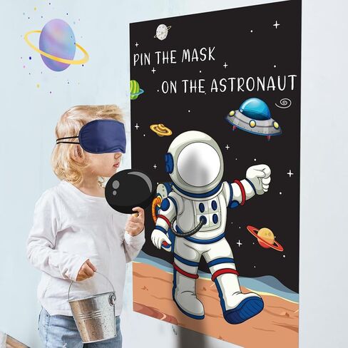 Hxezoc Pin The Mask On The Astronaut Game With 24 Pcs Mask Stickers, Large Astronaut Party Games Poster for Kids Solar System Outer Space Birthday Party School Classroom Carnival Party Supplies in Kuwait