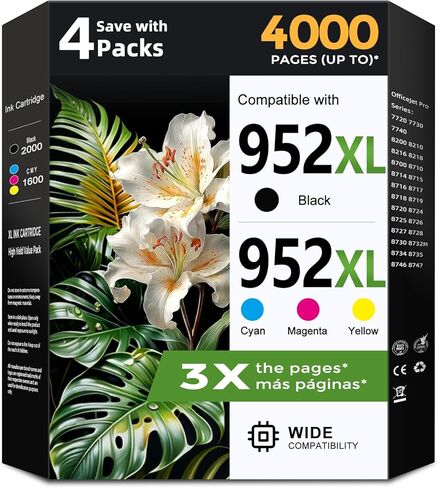 خراطيش حبر 952XL متوافقة مع حبر HP 952 XL HP952 تعمل مع طابعات Officejet Pro 8710 7740 8720 8702 8210 7720 8715 8730 8740 8216 8725 8700 8200 7730 8743 (أسود سماوي أرجواني أصفر، 4 عبوات) in Kuwait