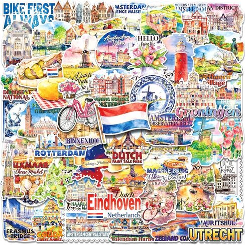 200 PCS Netherlands Travel Stickers, 100 Unique Dutch Landmark Designs, Watercolor Vinyl Decals for Water Bottles, Laptops, Scrapbooks, Journals, Souvenirs in Saudi Arabia