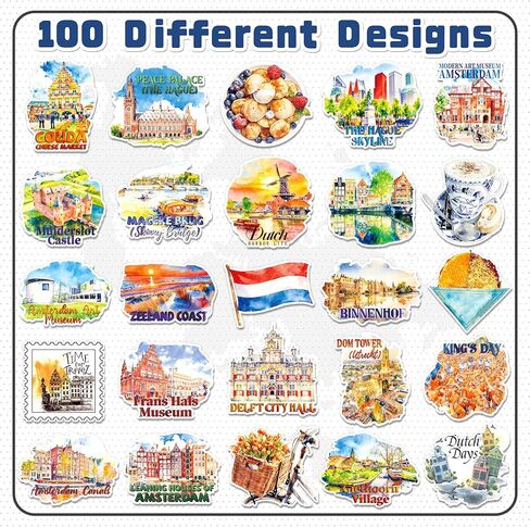 200 PCS Netherlands Travel Stickers, 100 Unique Dutch Landmark Designs, Watercolor Vinyl Decals for Water Bottles, Laptops, Scrapbooks, Journals, Souvenirs in Saudi Arabia