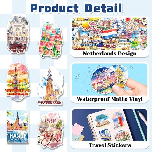 200 PCS Netherlands Travel Stickers, 100 Unique Dutch Landmark Designs, Watercolor Vinyl Decals for Water Bottles, Laptops, Scrapbooks, Journals, Souvenirs in Saudi Arabia