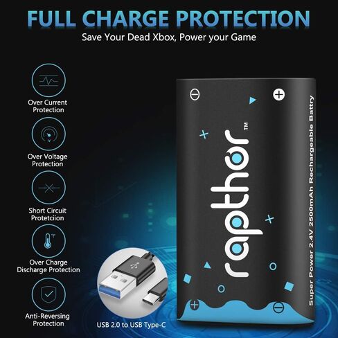 حزمة بطارية Rapthor 2X 2500mAh قابلة للشحن مع شاحن لأجهزة Xbox One/One X/One S/Series X/S طقم بطاريات (بطاريتان + شاحن واحد) in Kuwait