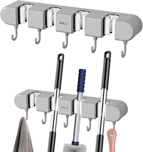1PCS Broom Mop Holder with Hooks Wall Mounted Broom Storage Rack No Drilling Self-Adhesive Mop Broom Organizer Mop Holder Hanger for Bathroom Office Kitchen Closet Garage,White in Saudi Arabia