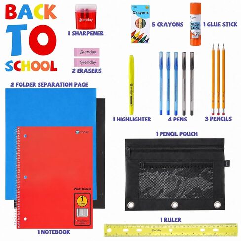 24 Pack Bulk School Supplies for Kids | 22 Piece Back to School Supplies in Each Kit, Premium Quality Kids School Supply for Girls & Boys, Kindergarten, Elementary, K-12 - By Enday in Kuwait