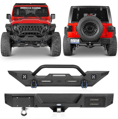 مجموعة المصد الأمامي والخلفي من Hooke Road JL لأبواب 2018-2026 Jeep Wrangler JL JLU 2/4، تتضمن لوحة الونش، ومستقبل وصلة الجر، ومصابيح LED الأمامية/الخلفية وحلقات D (فولاذ أسود) in Kuwait