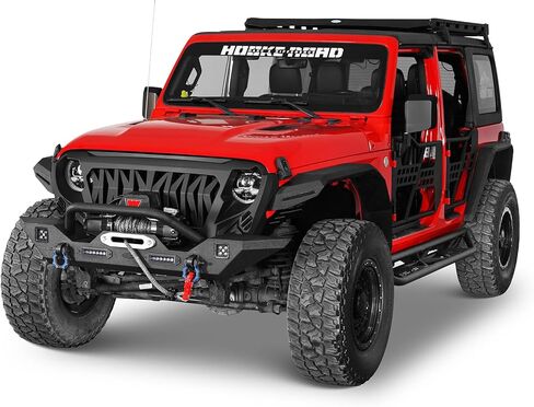 مجموعة المصد الأمامي والخلفي من Hooke Road JL لأبواب 2018-2026 Jeep Wrangler JL JLU 2/4، تتضمن لوحة الونش، ومستقبل وصلة الجر، ومصابيح LED الأمامية/الخلفية وحلقات D (فولاذ أسود) in Kuwait