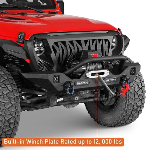 مجموعة المصد الأمامي والخلفي من Hooke Road JL لأبواب 2018-2026 Jeep Wrangler JL JLU 2/4، تتضمن لوحة الونش، ومستقبل وصلة الجر، ومصابيح LED الأمامية/الخلفية وحلقات D (فولاذ أسود) in Kuwait