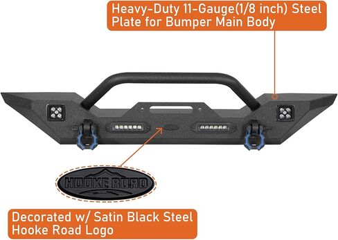 مجموعة المصد الأمامي والخلفي من Hooke Road JL لأبواب 2018-2026 Jeep Wrangler JL JLU 2/4، تتضمن لوحة الونش، ومستقبل وصلة الجر، ومصابيح LED الأمامية/الخلفية وحلقات D (فولاذ أسود) in Kuwait