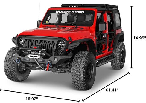 مجموعة المصد الأمامي والخلفي من Hooke Road JL لأبواب 2018-2026 Jeep Wrangler JL JLU 2/4، تتضمن لوحة الونش، ومستقبل وصلة الجر، ومصابيح LED الأمامية/الخلفية وحلقات D (فولاذ أسود) in Kuwait