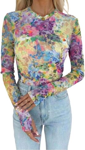 CHICME Womens Floral Mesh Long Sleeve Tops Crewneck See Through Fitted Shirts Sexy Sheer Going Out Blouses in Saudi Arabia