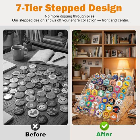 Button Display Case 7-Tier Clear Acrylic Button Pin Display Stand with Anti-Spill Rails, Badge Organizer for Badges, Glasses, Essential Oils, Cards & Cosmetics（2PACK） in Saudi Arabia