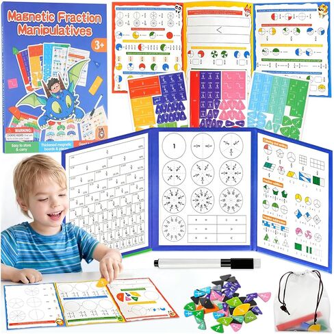 Magnetic Fraction Playbook with Tiles & Circles, Whiteboard Ready Fraction Manipulatives Kit, Montessori Math Tools for Kids Ages 6-10, Classroom & Homeschool Supplies with Wipe Clean Activity Cards in Saudi Arabia