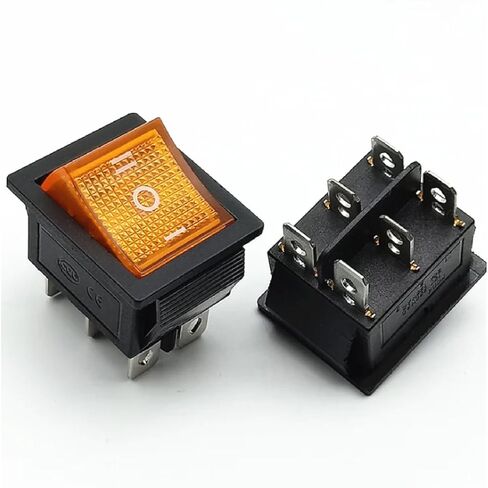 مفتاح الروك KCD4، 3 أوضاع تشغيل وإيقاف، مفتاح طاقة مضيء، 6 Pin DPDT، 16A 250VAC 20A 125VAC، أسود مع ضوء (أصفر) in Kuwait