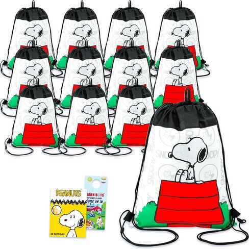 Snoopy Party Favor Bags Set - Bundle with 12 Peanuts Drawstring Bags for Kids Plus Tattoos, More | Snoopy Birthday Party Supplies Pack in Kuwait