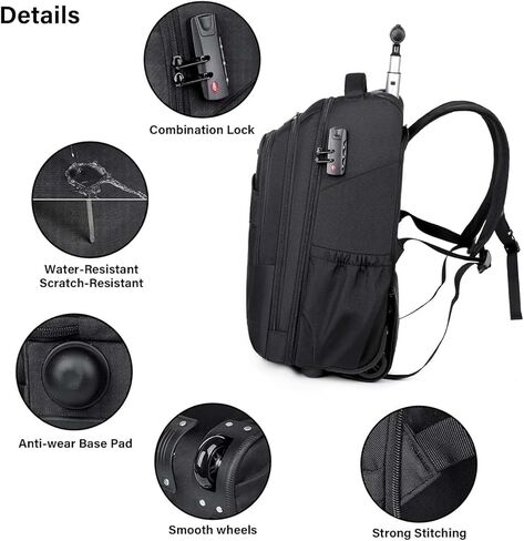Rolling Backpack, 17 inch Laptop Backpack with Wheels Combination Lock, Carry on Luggage Business Bag, Travel Roller Backpack in Saudi Arabia