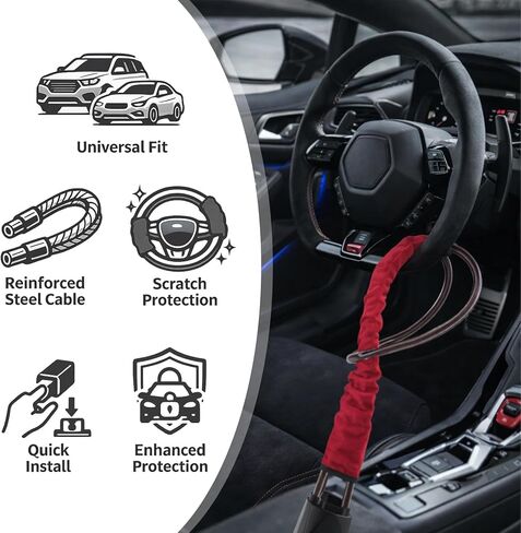 Car Steering Wheel Lock - Anti Theft Device, Max 17 Inch Length, Strengthened Steel Wire, 3 Keys Included, Small and Light-Weight, Fit Most Vehicle, SUV, Golf Cart 2 Pack (Black Red) in Saudi Arabia